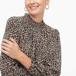 J Crew Factory Leopard Long Sleeve Chiffon Gathered Mock Neck Blouse